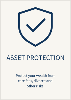 Shield icon with checkmark and text 'Asset Protection' and description about protecting wealth from care fees, divorce, and risks.