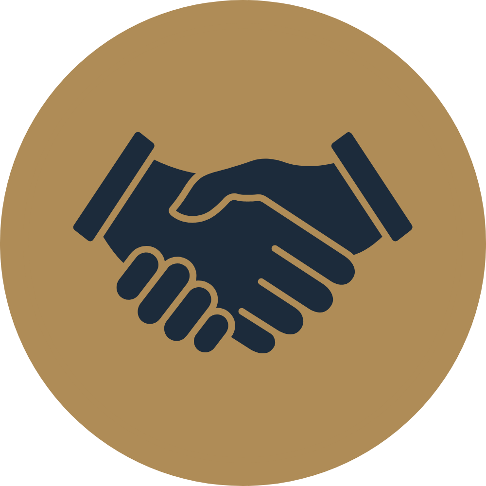 Icon of a handshake with a gold background.