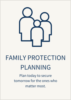 Icon of three people above the text 'Family Protection Planning' and a tagline about planning for loved ones' future security.