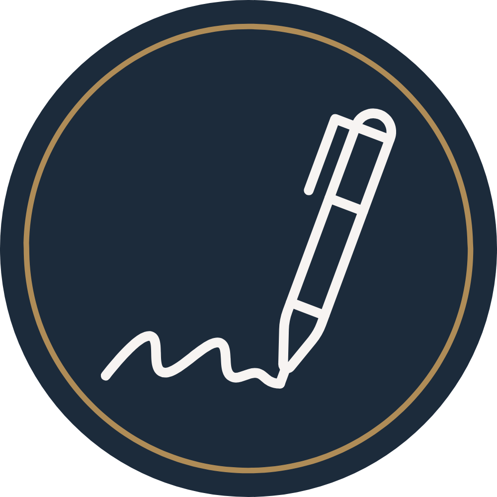 Icon of a pen signing a line.