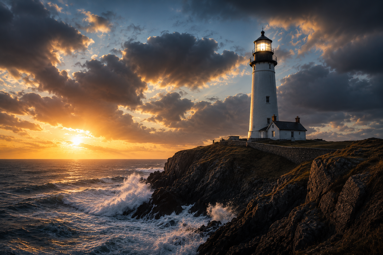 A lighthouse on a rocky cliff at sunset with waves crashing below and clouds in the sky.