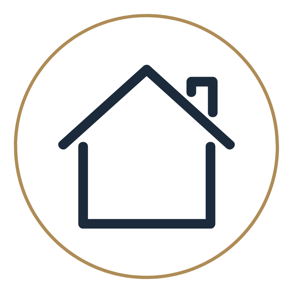 Icon of a house with a small chimney, enclosed in a circular border.
