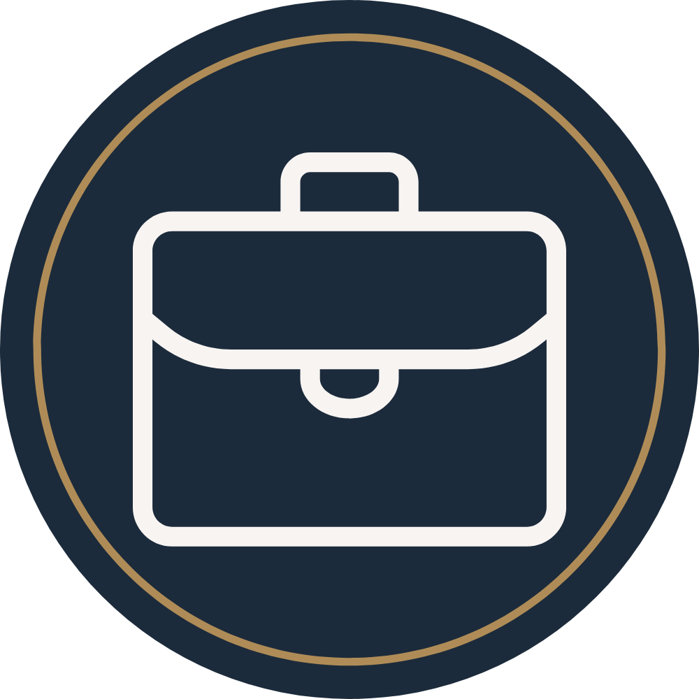 Icon of a briefcase inside a circular border.
