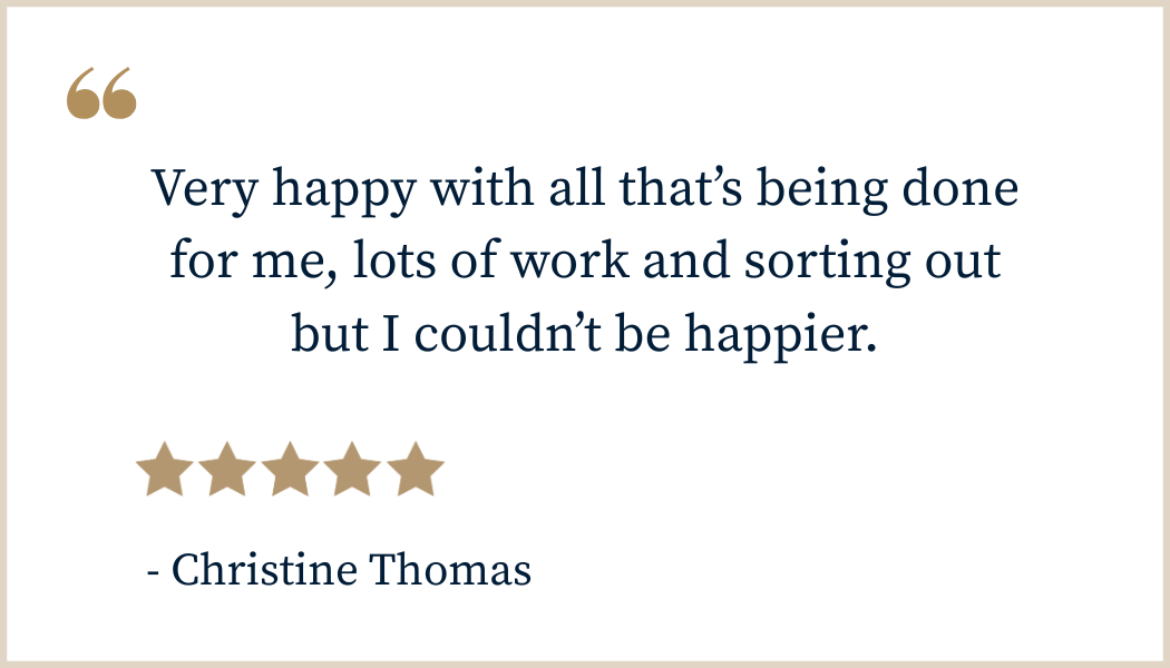 Quote from a woman named Christine Thomas saying she's very happy with her work and sorting out tasks; rated five stars with a beige star icon.