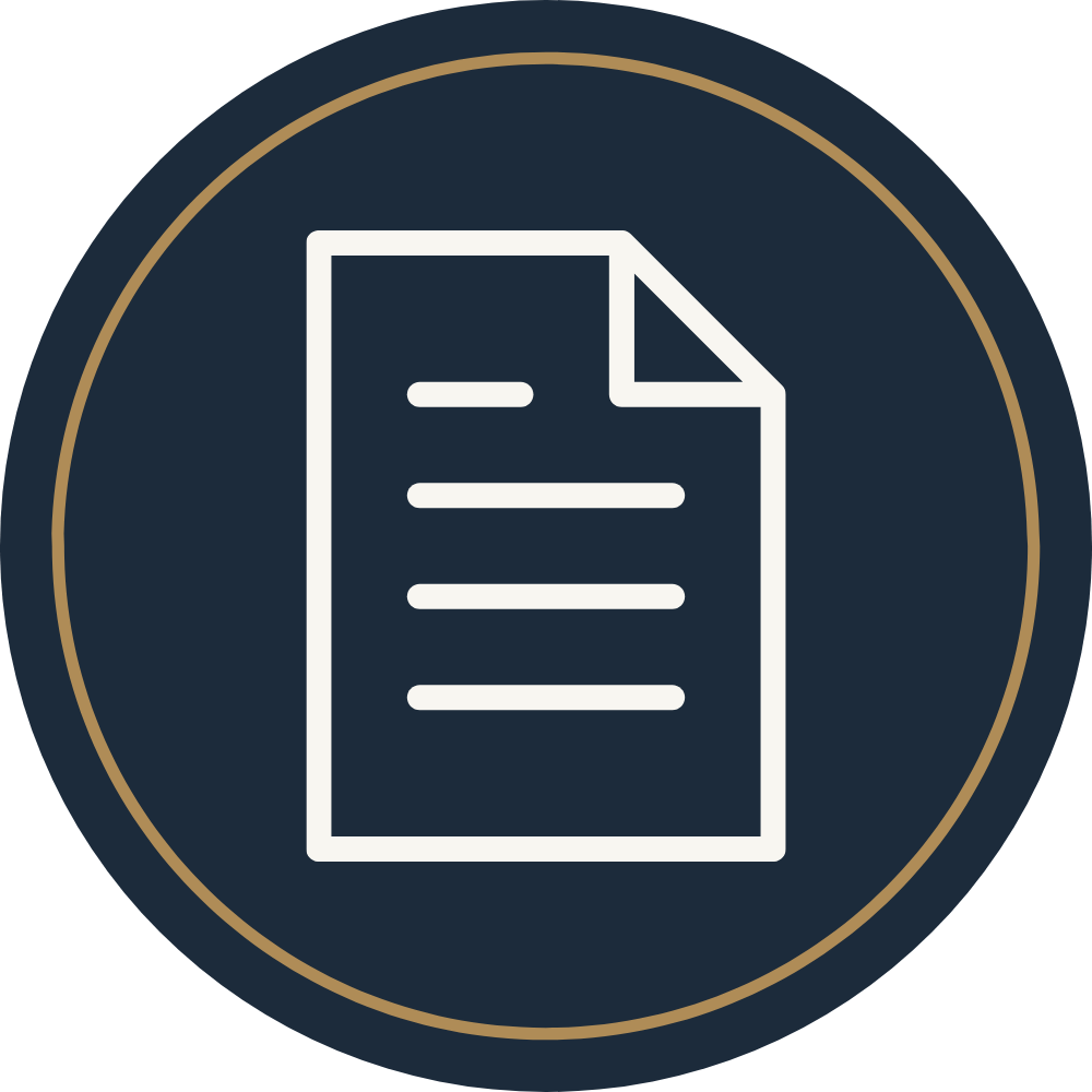 Icon of a document or paper with lines, on a circular background with a dark blue and gold border.