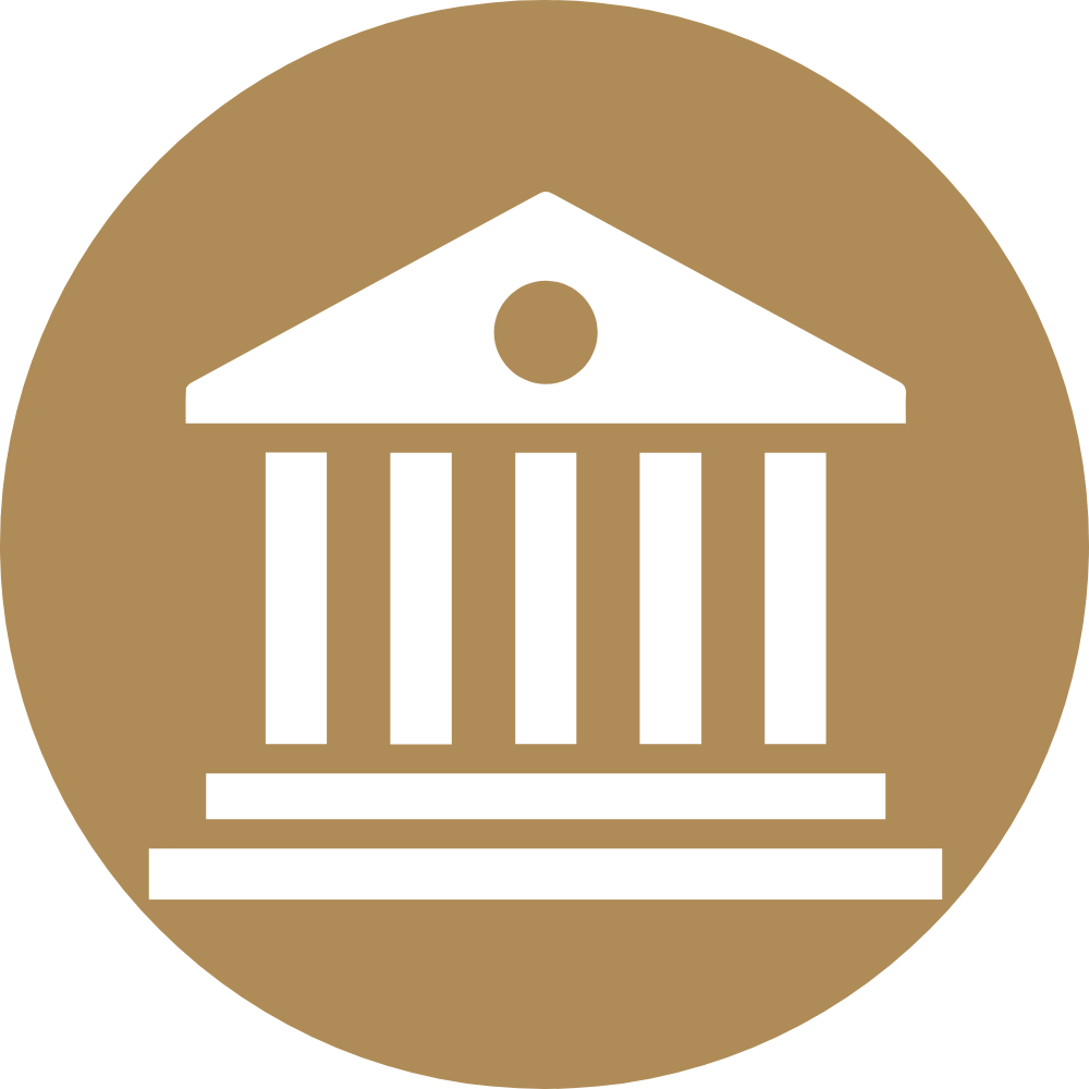 Icon of a classical building with columns and a triangular pediment, on a brown circular background.