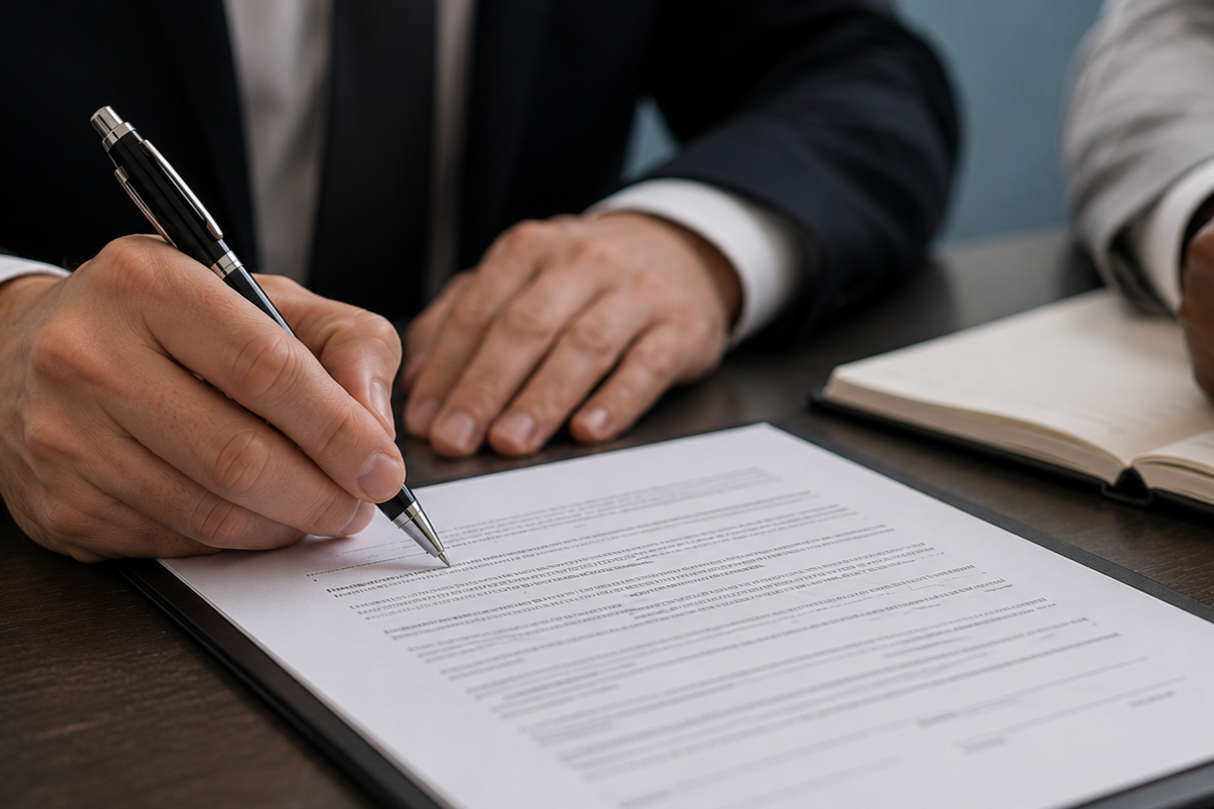 A person in a suit is signing a document with a black pen, with an open notebook nearby on a desk.