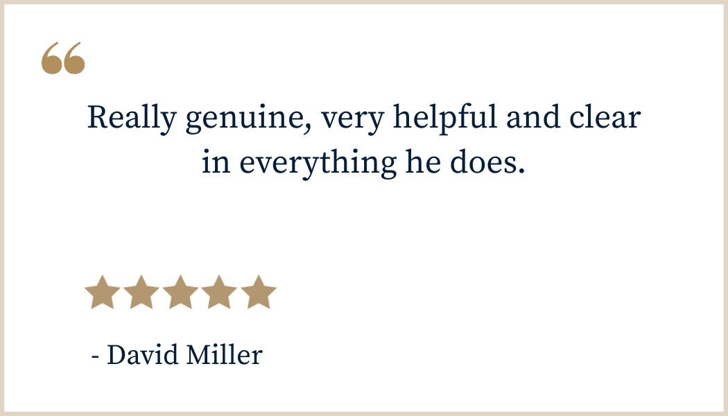Quote from David Miller praising someone's helpfulness and clarity, with a five-star rating and a beige quotation mark in the top left corner.