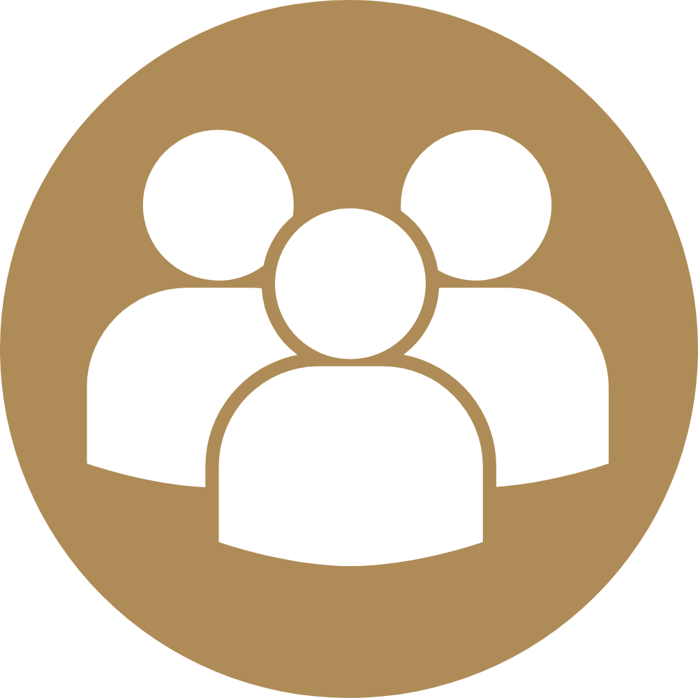 Icon of three white people figures on a brown circular background, representing a group or community.