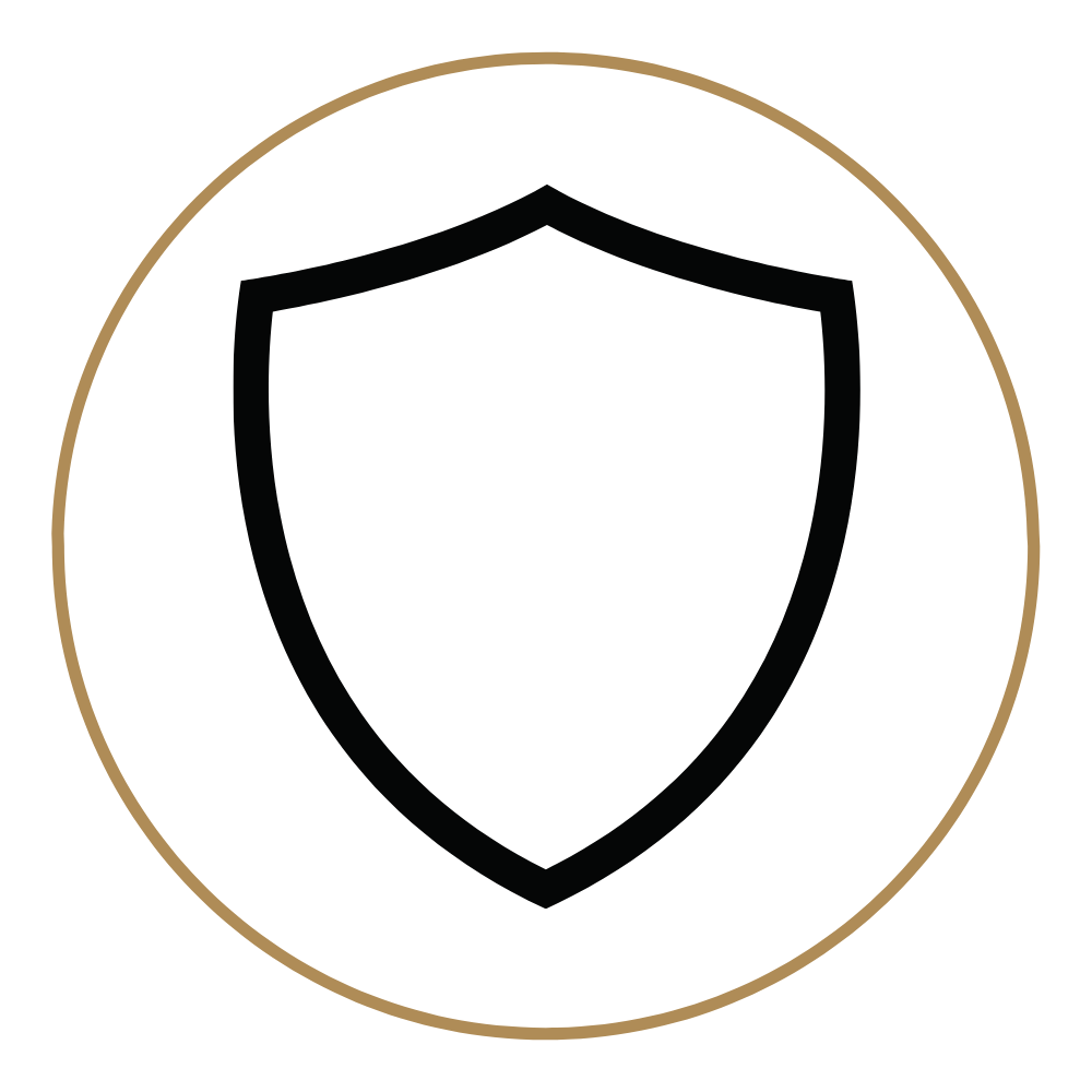 Shield icon with a beige border inside a white circle, outlined in black.