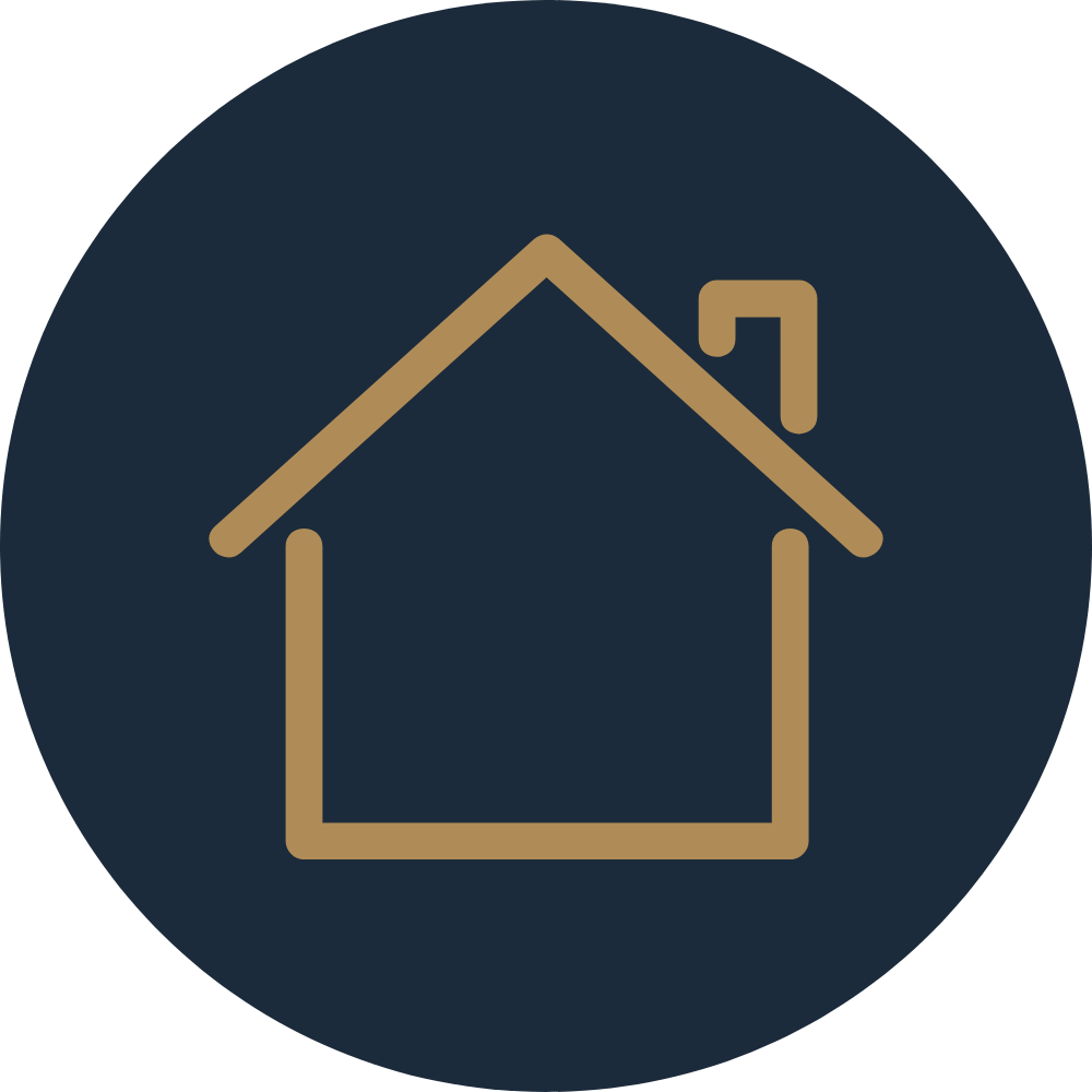 Home icon with a small chimney, outlined in tan color on a dark blue circular background.