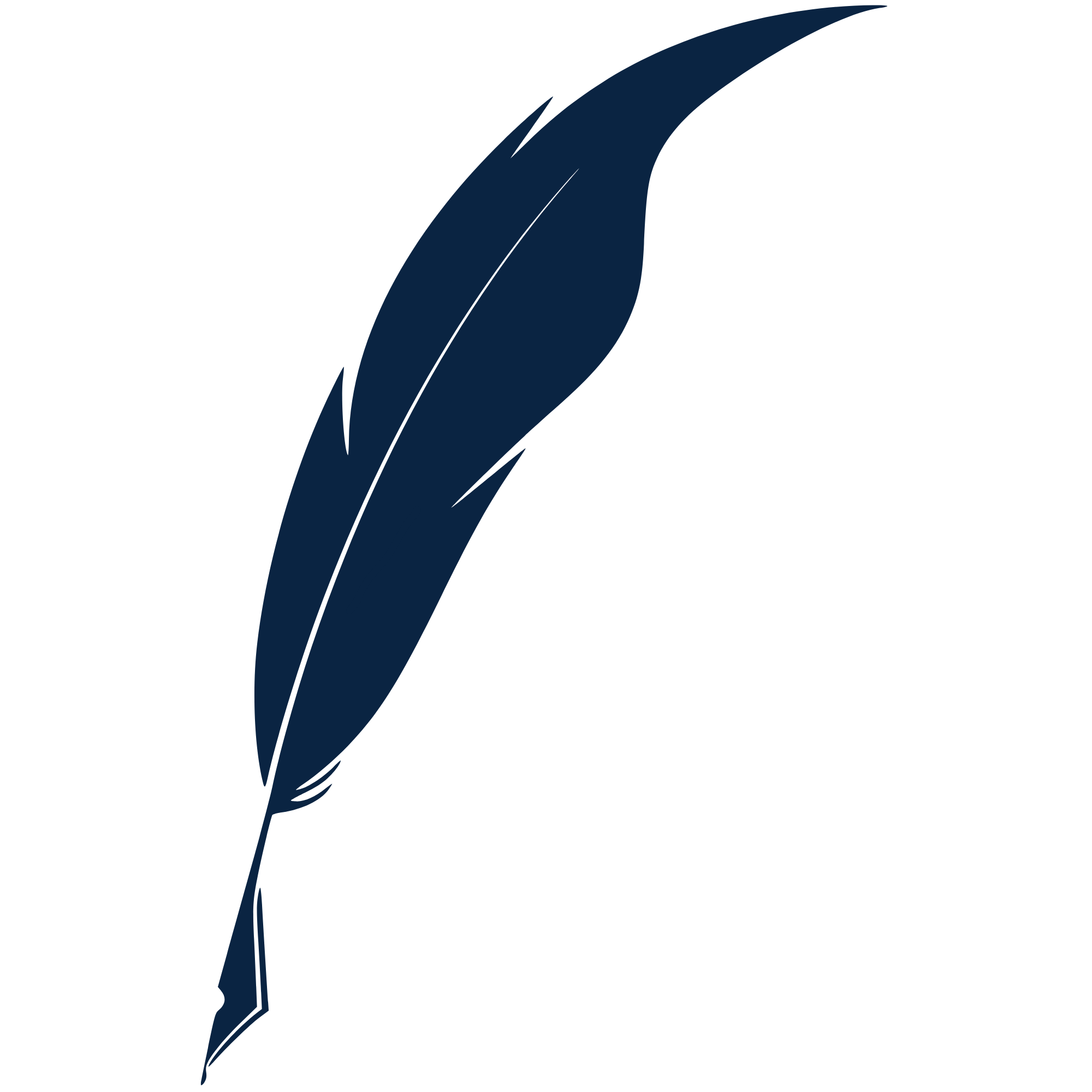 A stylized dark blue feather with sharp, angular lines on a black background.