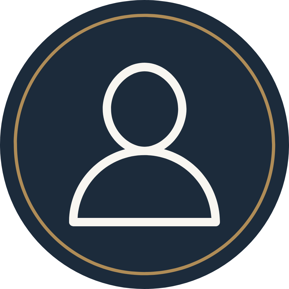 Generic user profile icon with a dark background, white outline of a person, and a gold border.