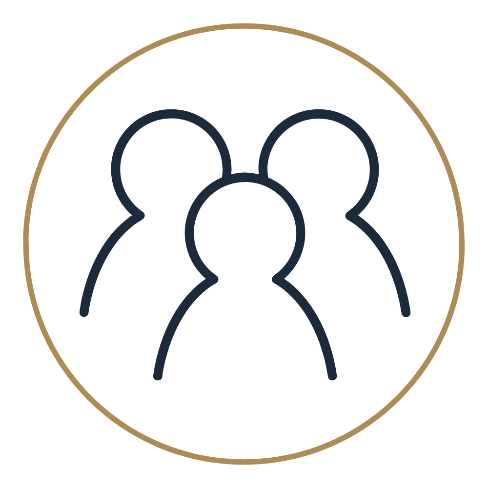 Simplified icon of three people standing together, enclosed in a circle with a gold border.