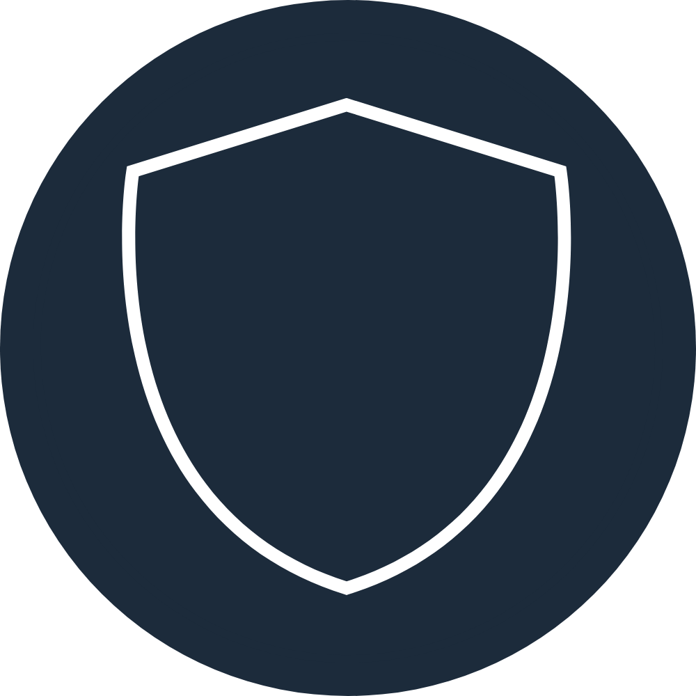 Icon of a shield outline inside a dark circular background.
