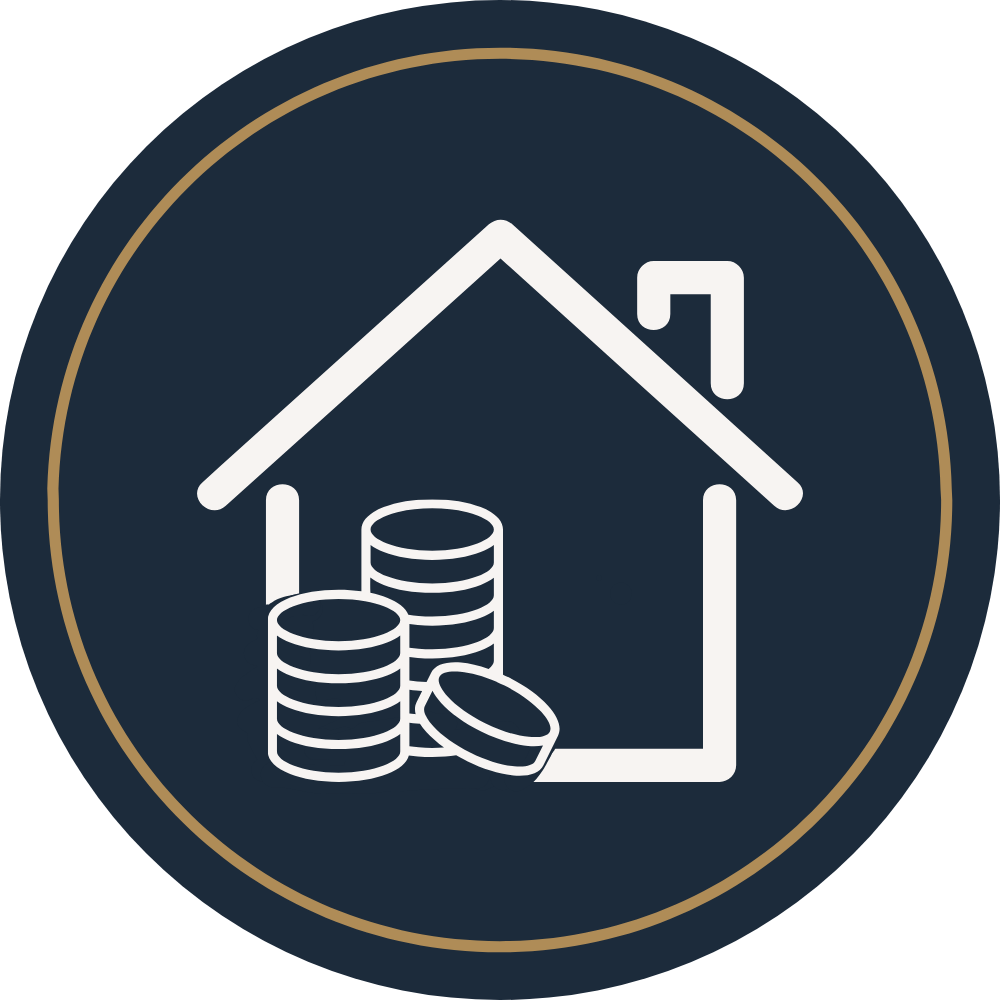 Icon of a house with a pile of coins inside, representing real estate investment or property value appreciation.