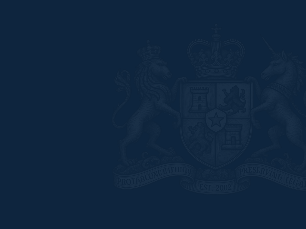 A dark blue background with a faint coat of arms featuring a lion and unicorn holding a shield, topped with a crown, and a motivational banner below.