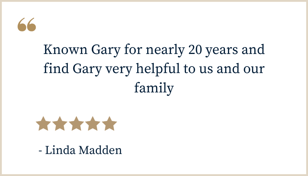 Customer review by Linda Madden, praising Gary for nearly 20 years of helpful service to their family, with a 5-star rating.
