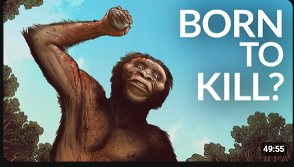 A computer-generated image of a large ape raising its fist, with the text 'Born to Kill?' in white letters against a blue sky background.