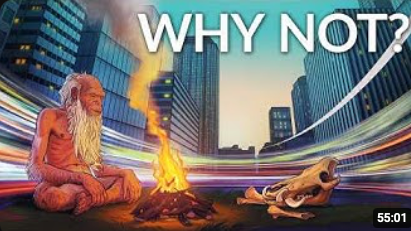 A cartoon of a sage with long white hair and beard meditating next to a fire in a city street at sunset, with modern skyscrapers and a highway in the background, and the words 'WHY NOT?' in the top right corner.