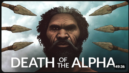 A digitally rendered image of a fierce-looking man with a beard and curly hair, surrounded by six spears pointing toward his head, with the text 'Death of Alpha' at the bottom.