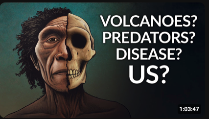 A split image showing half a human face and half a skull with text questioning volcanoes, predators, disease, or the US.