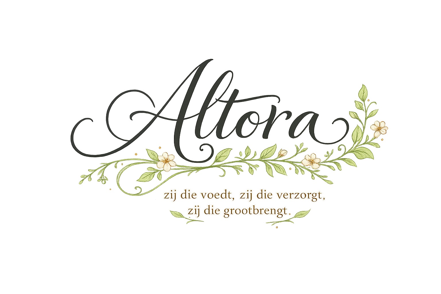 Decorative image with the word 'Attora', floral accents, and a Dutch quote: 'zij die voedt, zij die verzorgt, zij die grootbrengt.'