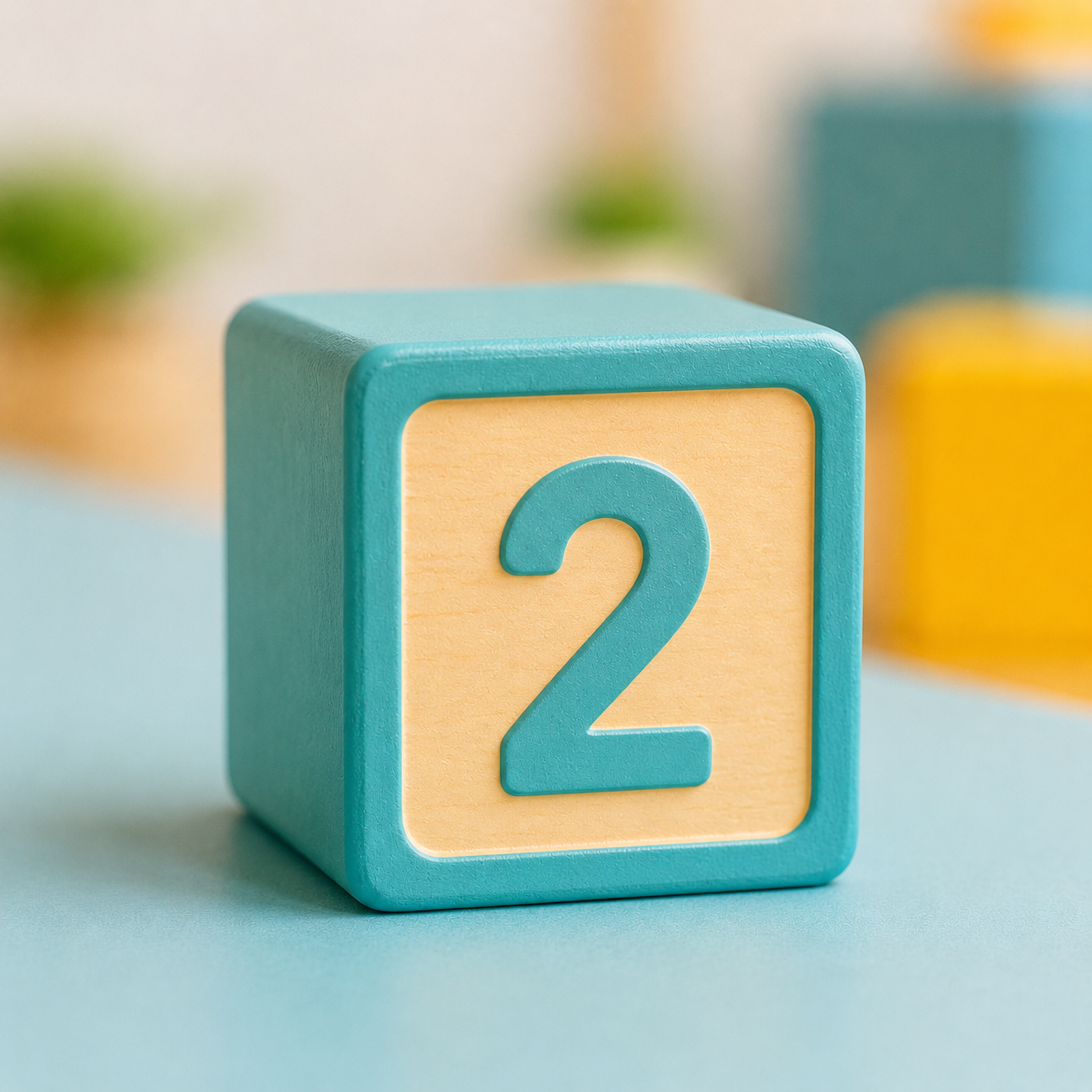 A colorful wooden block with the number 2 on it, placed on a pastel blue surface