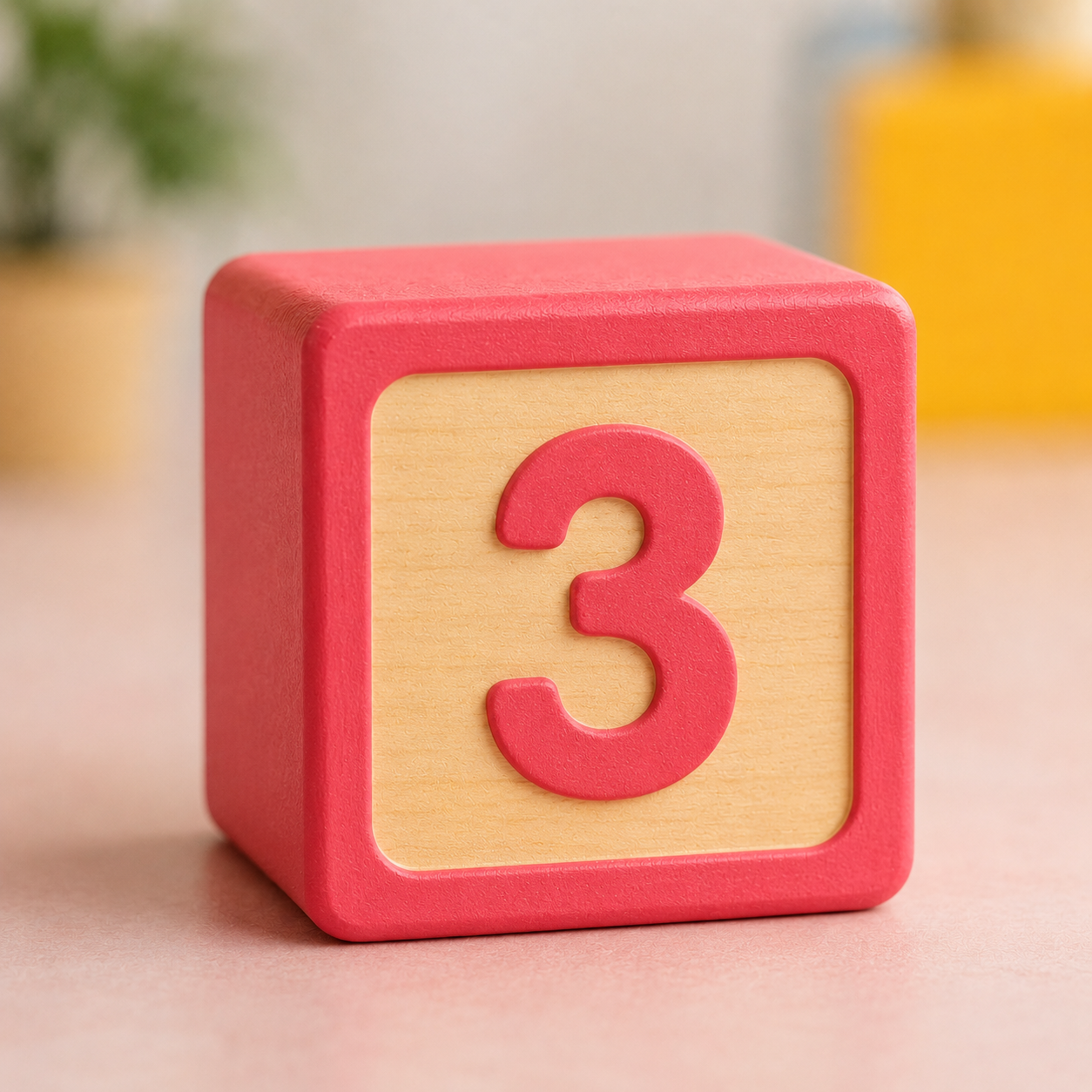 Colorful wooden block with pink border featuring the number 3 on its face, placed on a pink surface with blurred background.