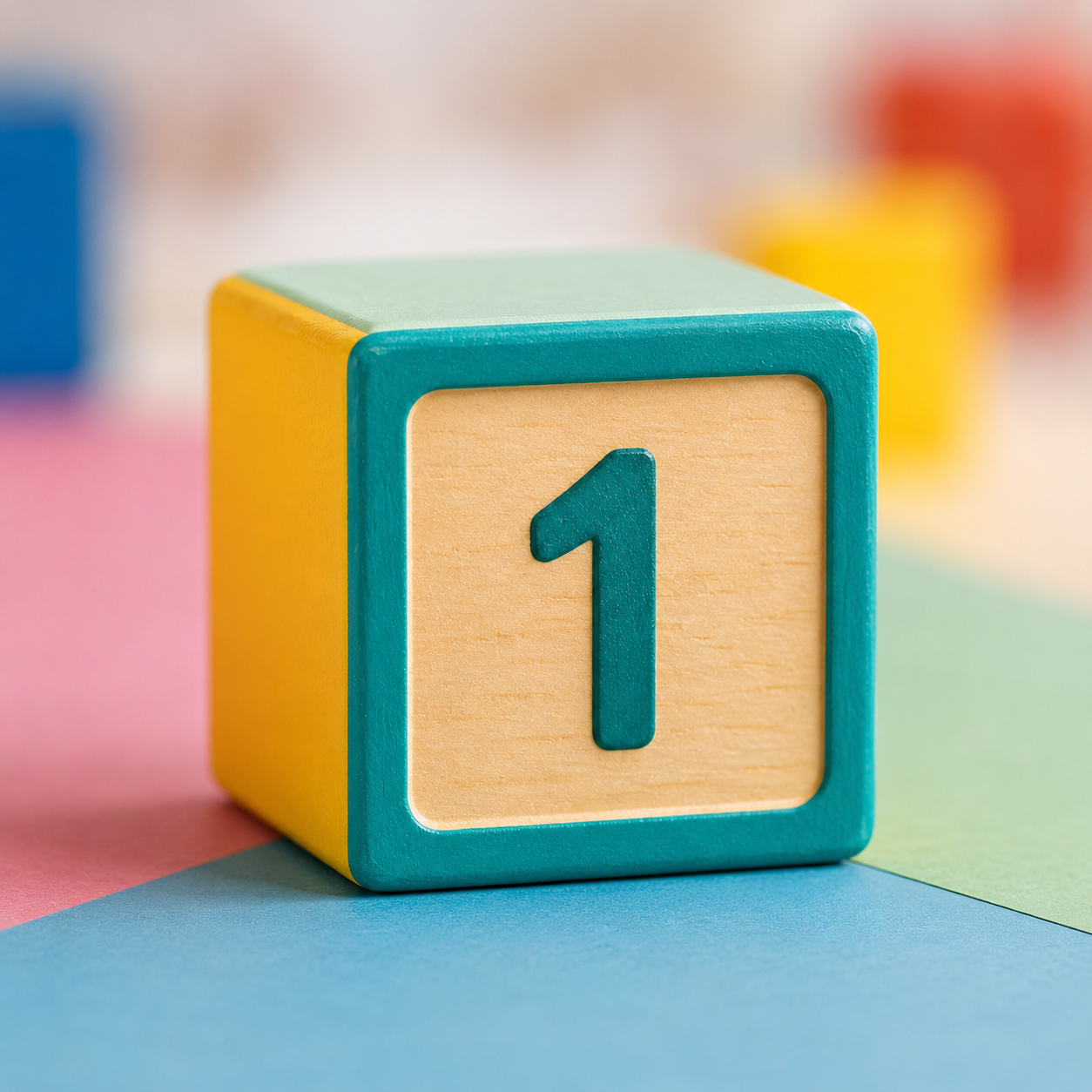Colorful wooden block with number 1 on it, placed on a multicolored surface with blurred background of similar blocks.