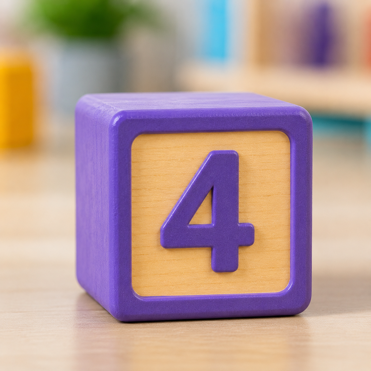 Colorful wooden block with the number 4 on its face, purple frame and yellow background, on a wooden surface.