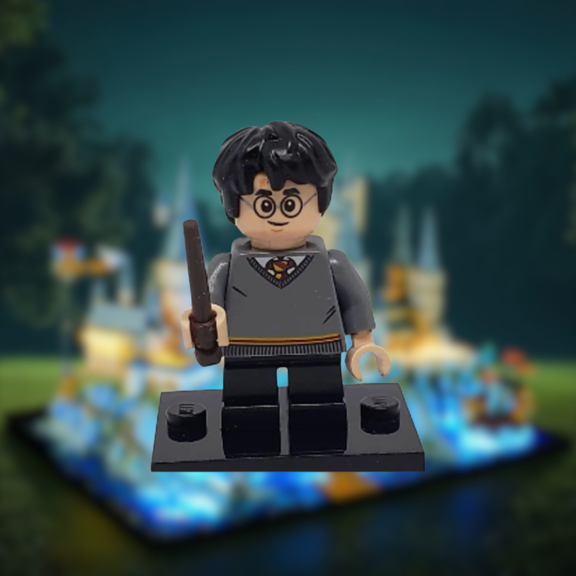 Lego figure of Harry Potter wearing a gray sweater with a crest, holding a wand, standing on a black platform, with blurred trees and figures in the background.