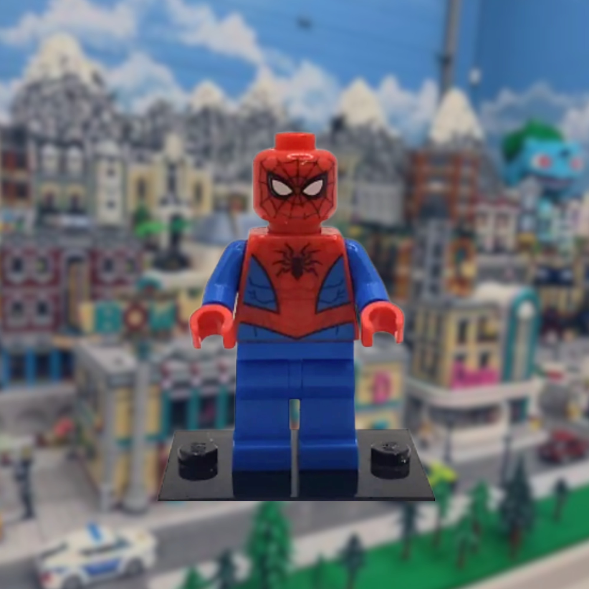A LEGO Spider-Man minifigure on a display shelf in a toy store, with other toys visible in the blurred background.
