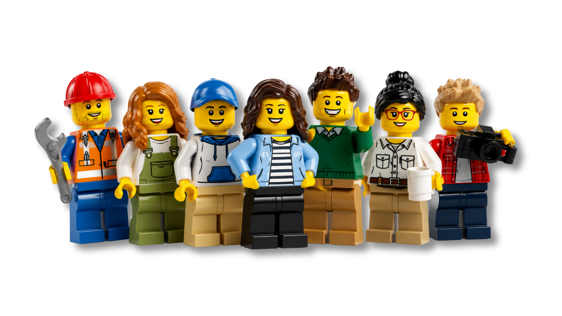 Group of Lego minifigures representing diverse characters, including a construction worker, a woman with red hair, a person with a blue baseball cap, fashionably dressed woman, woman with glasses holding coffee mug, and a person with a camera, standing side by side on a black background.