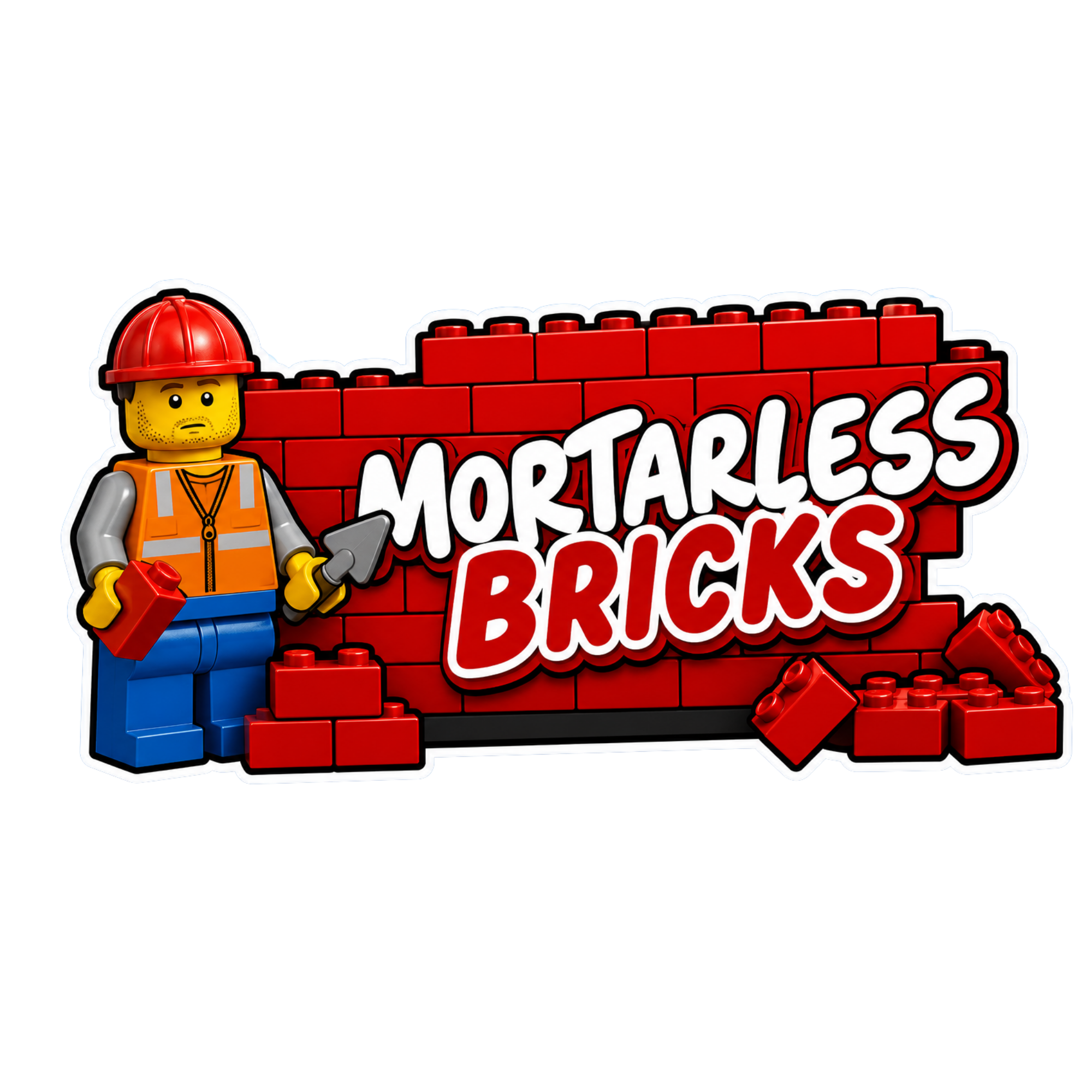 Lego construction worker with a red helmet and orange vest, next to red Lego bricks and a sign that reads "MORTARLESS BRICKS".