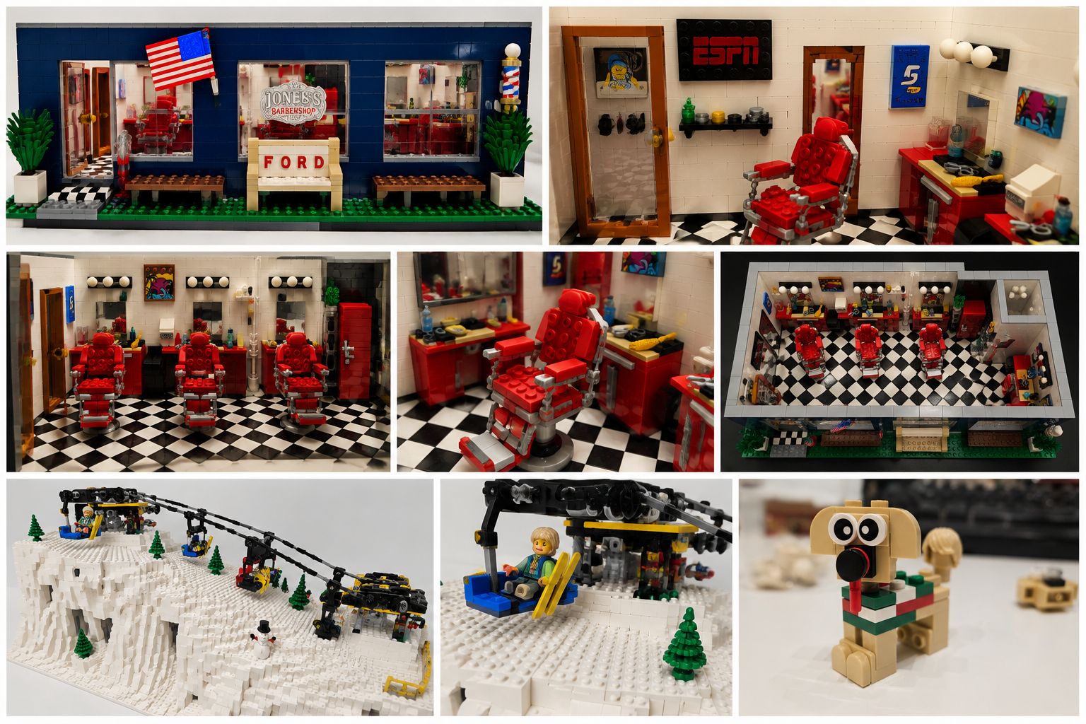 Collection of LEGO miniature scenes including a barbershop, a barber's room with barber chairs and equipment, a ski resort with ski lifts, and a festive dog figure wearing a holiday scarf.