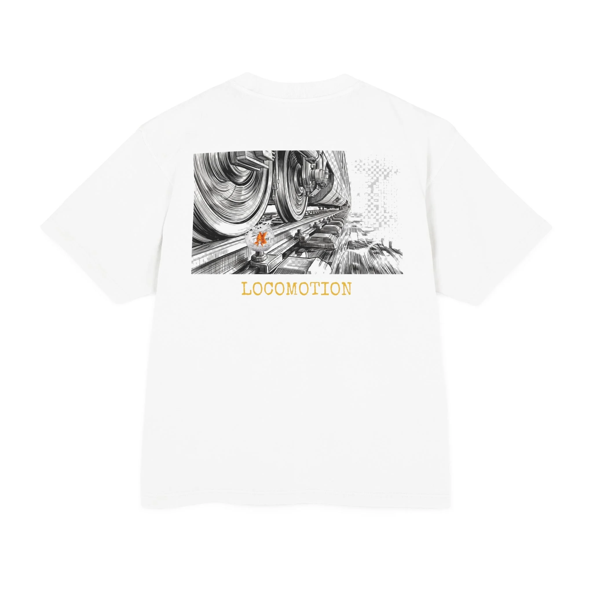 Train Wheels Graphic T-Shirt — Detailed Monochrome Rail Illustration
