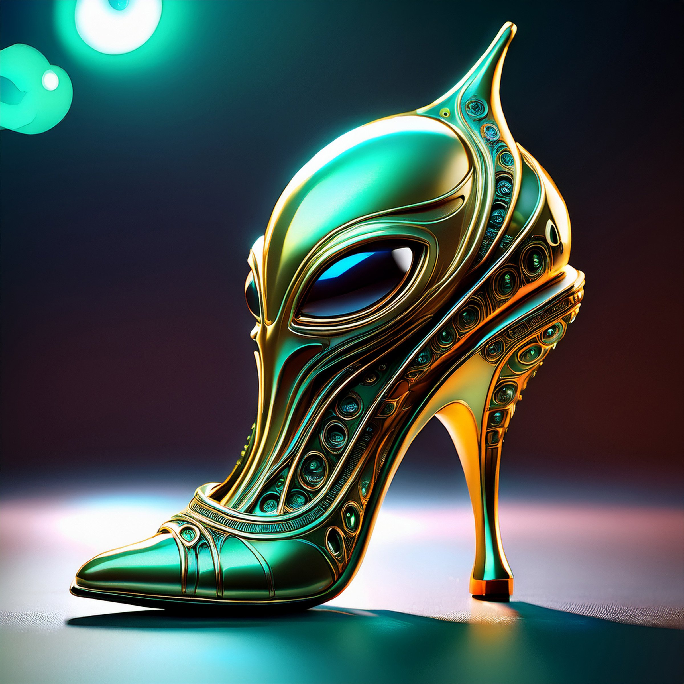 Alien Metallic Stiletto Poster — Surreal Art Shoe Print