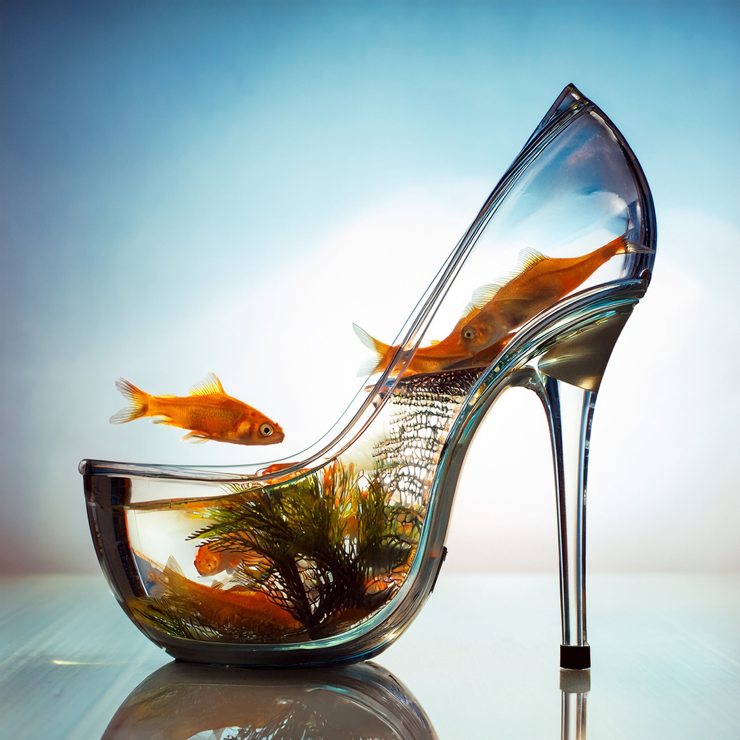 Glass Stiletto Fishbowl Canvas — Surreal Goldfish Shoe Wall Art Digital Print