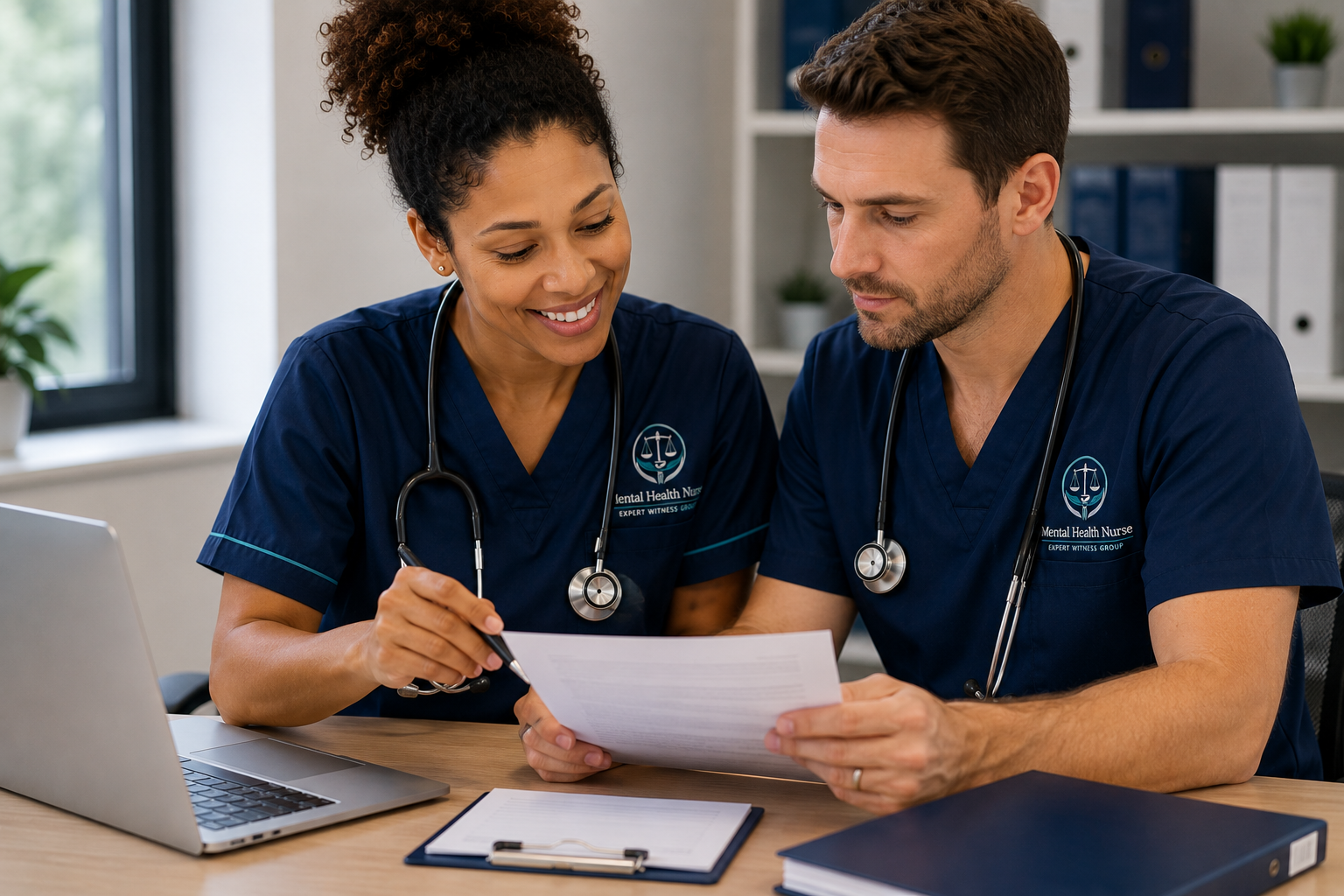 Mental health nurse collaborating with a colleague on a joint statement.