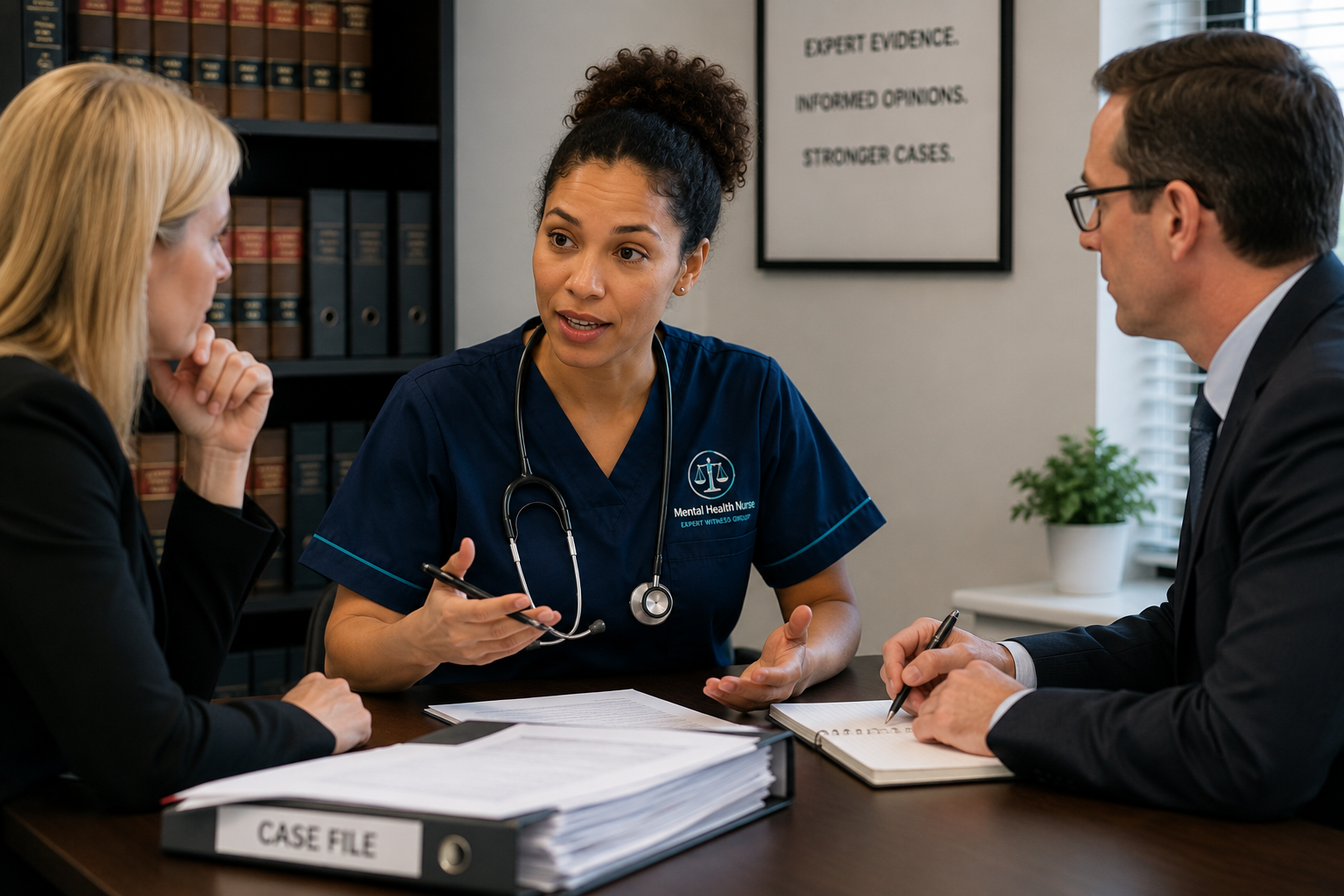 Mental health nurse meeting with solicitors during an expert witness consultation.