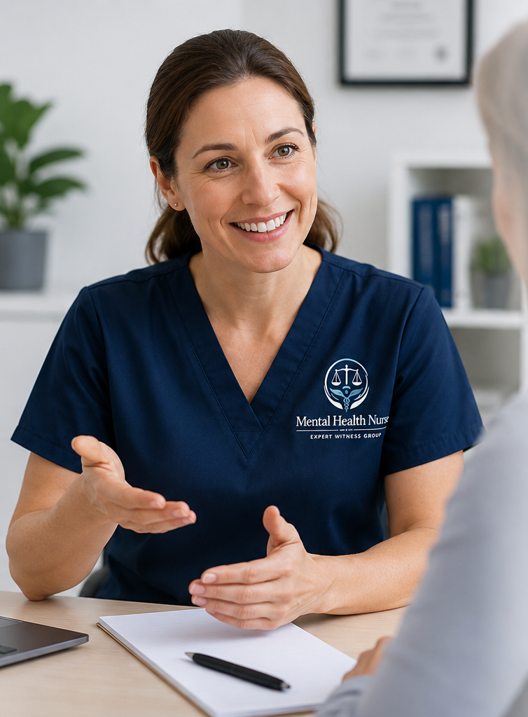 Mental health nurse discussing an expert witness consultation with a client.
