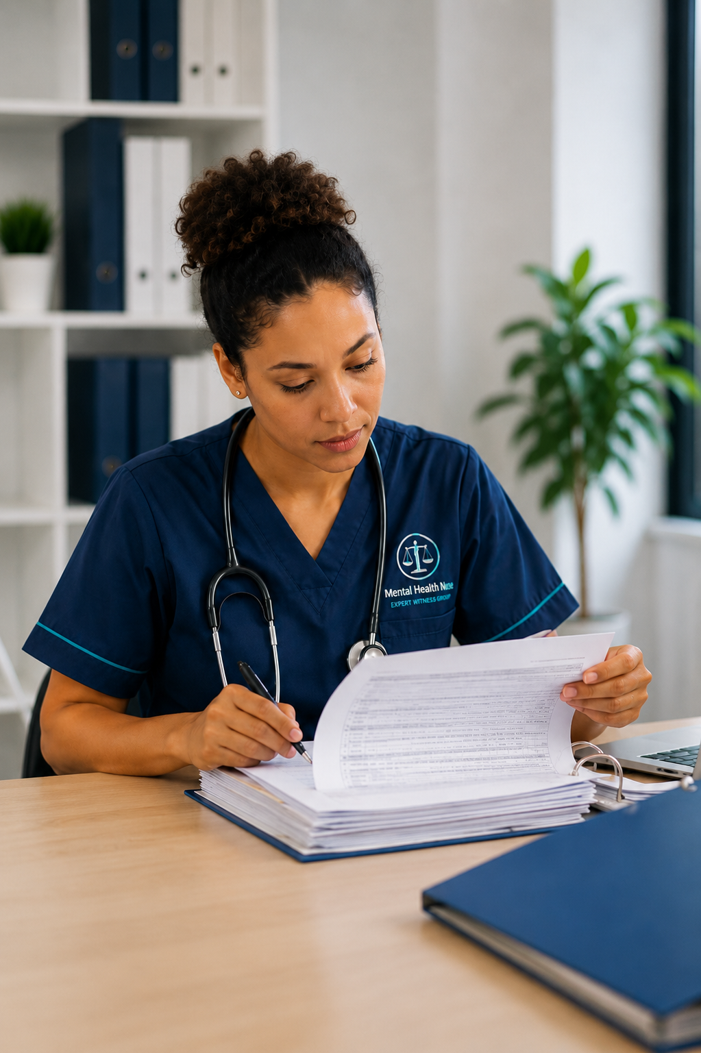 Mental health nurse reviewing case documents for an expert witness assessment.