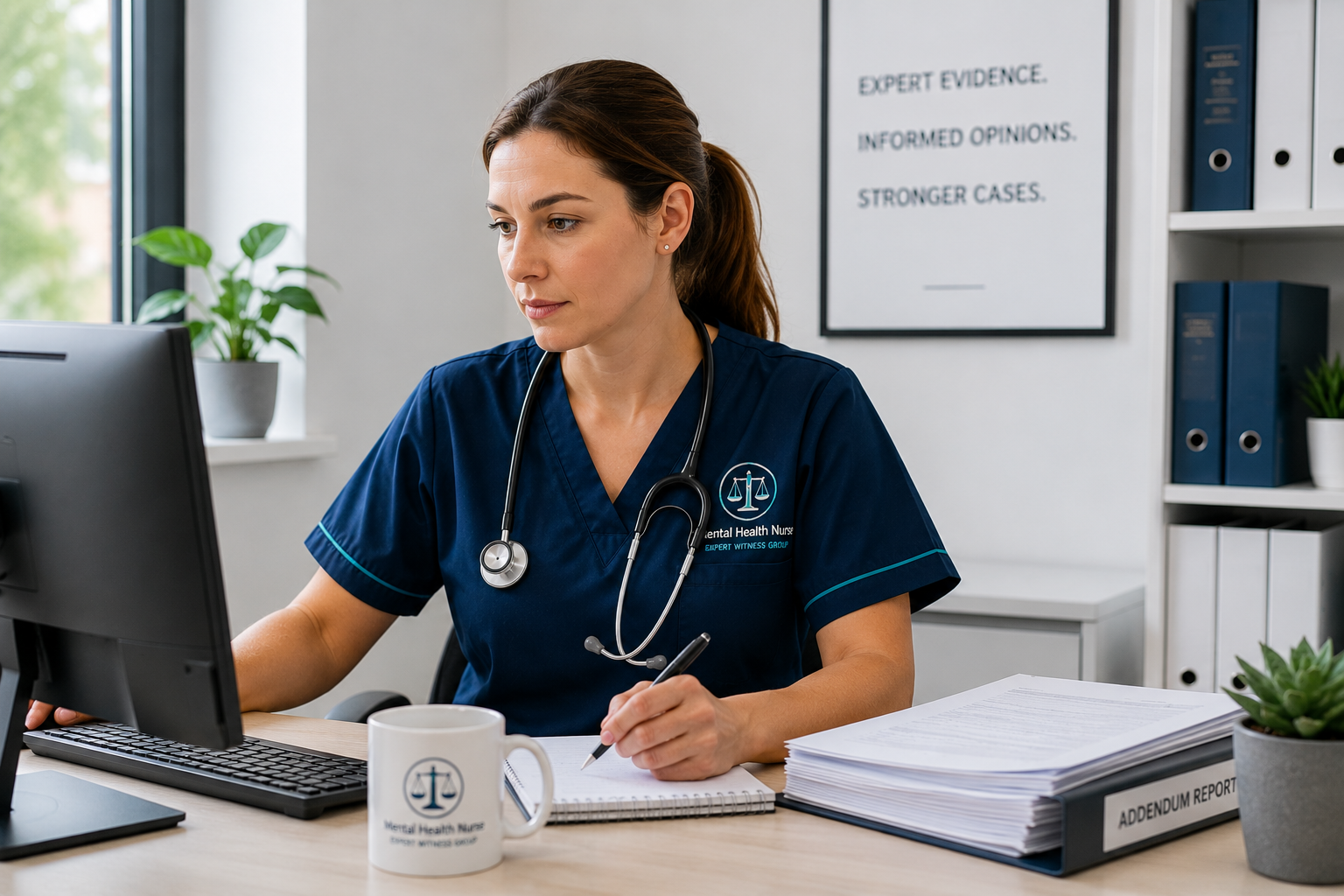 Mental health nurse preparing an addendum report for an expert witness case.