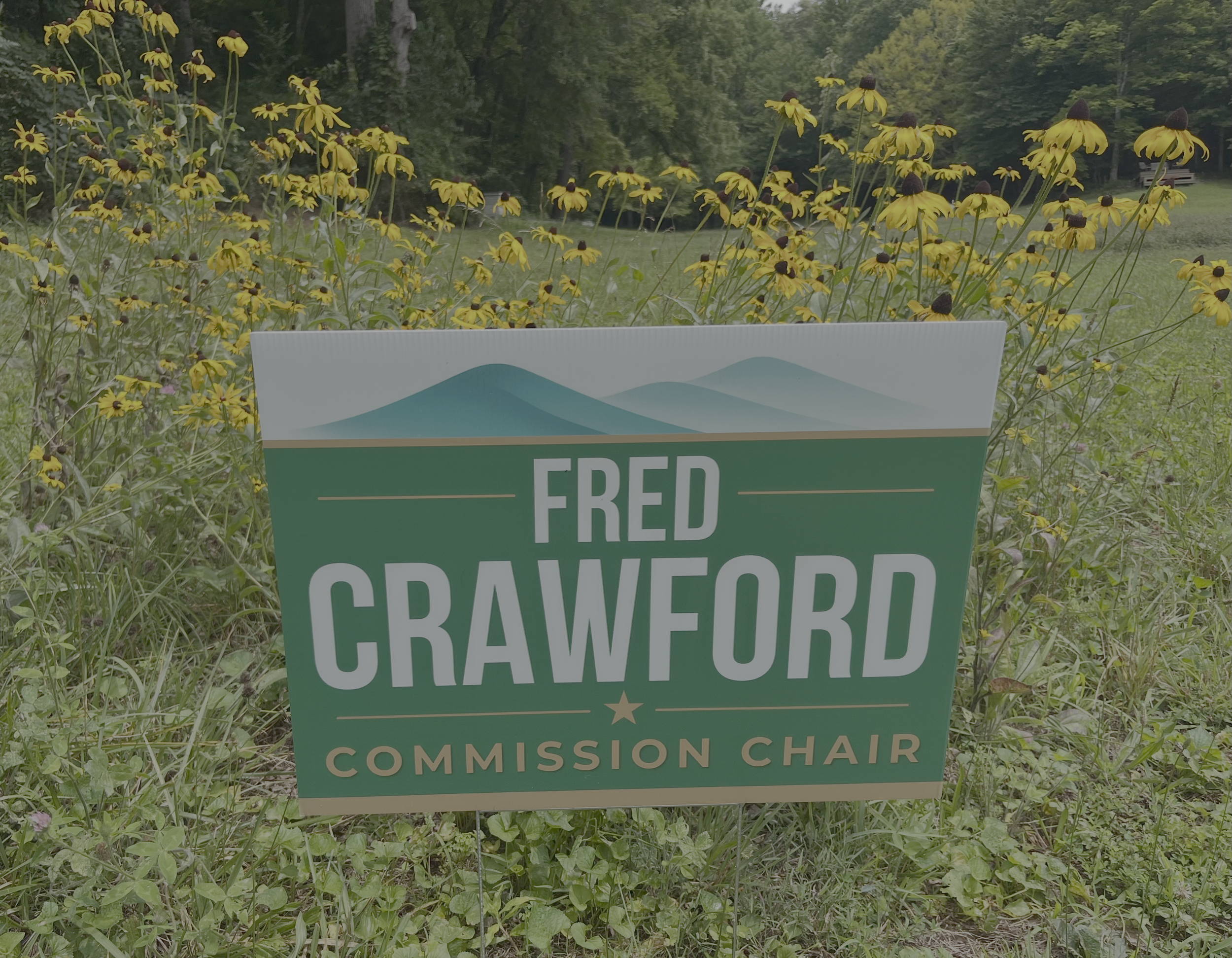 A green sign with mountain graphics and text that reads 'FRED PRAYFORD,' 'COMMISSION CHAIR,' set in a grassy area with yellow flowers and trees in the background.