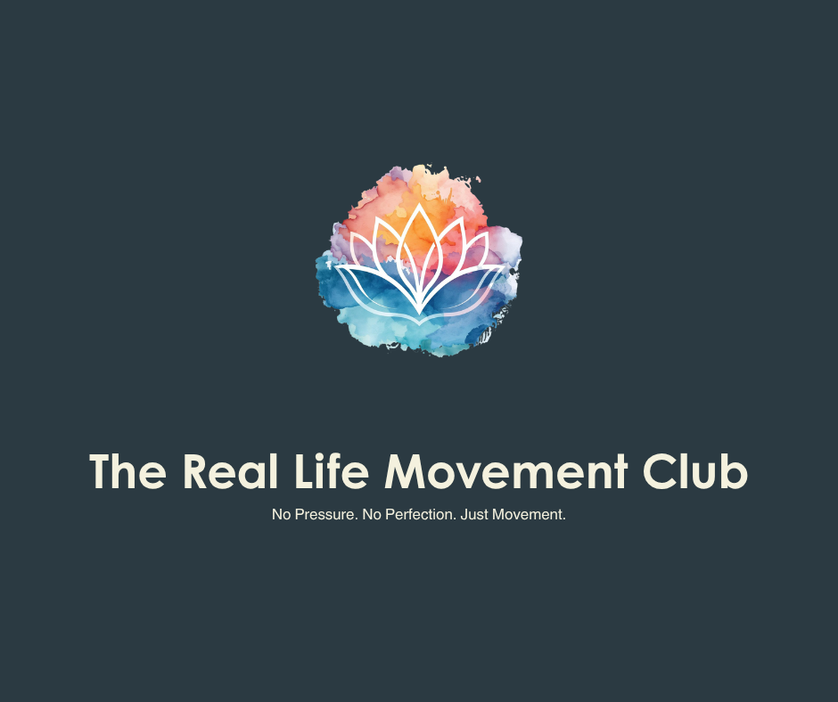 Logo of The Real Life Movement Club featuring a watercolor lotus flower in pink, orange, blue, and purple, with the club name and the tagline 'No Pressure. No Perfection. Just Movement.'