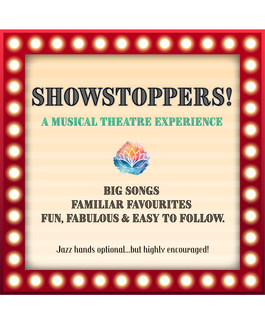 No routines to learn.
No pressure to get it right.

Just an hour of back-to-back musical theatre tracks, movement, and a room full of people having a good time.

Think big songs, familiar favourites, and a bit of light, fun, fabulous energy.

You don