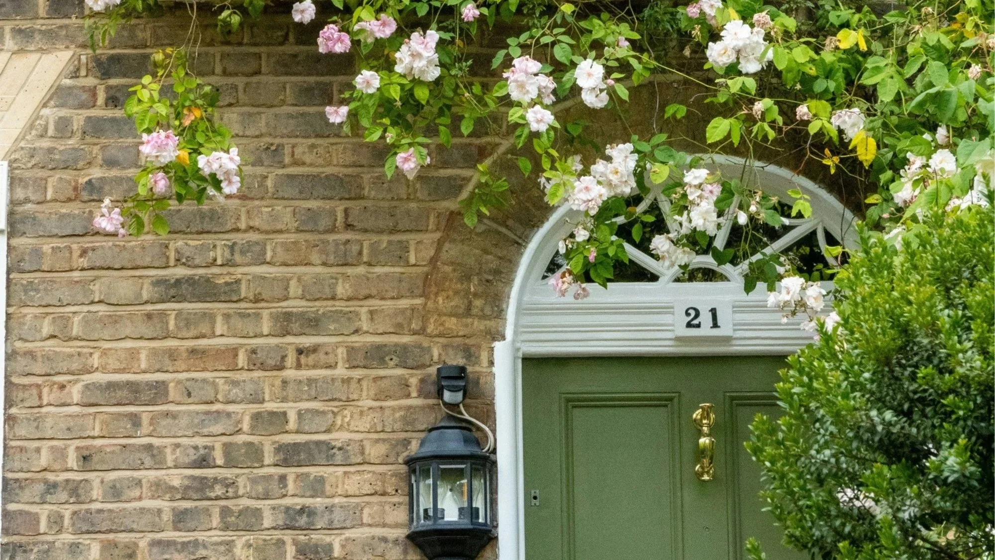 are & are Landscape Design Studio - Garden design of house entrance with a green door, a white arch top with climbers/greenery trailing down