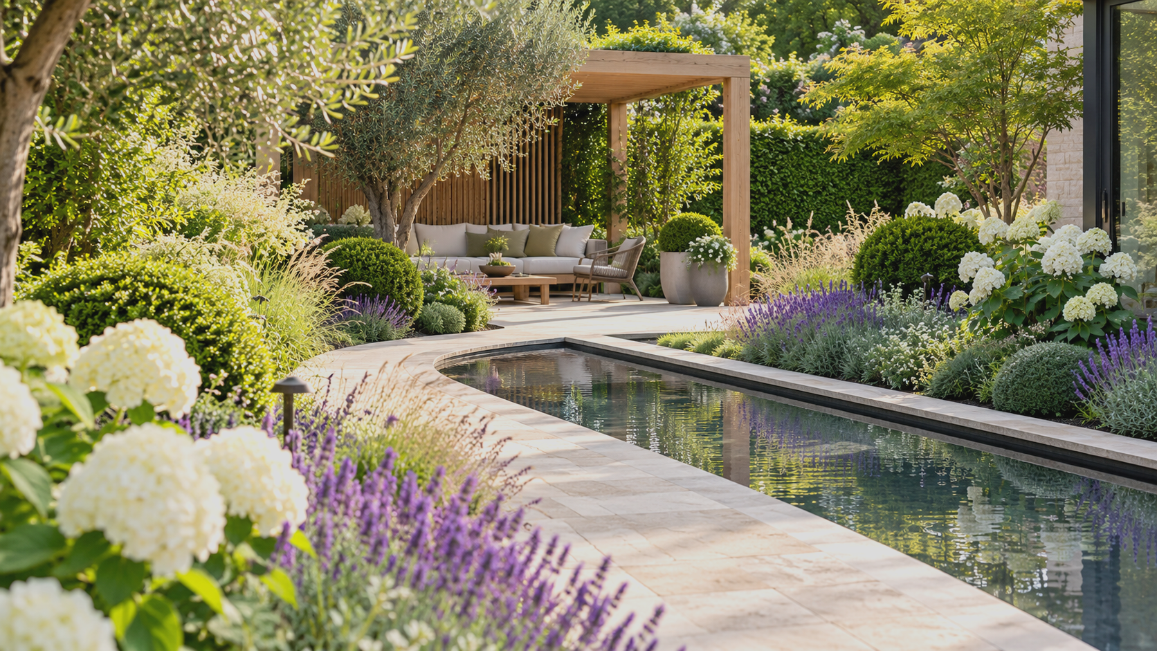 Family terrace with wooden pergola and water feature with paving surround
