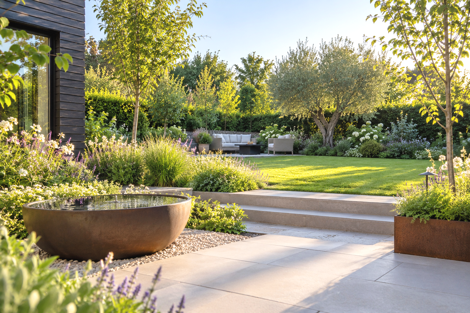 London, bedfordshire, buckinghamshire garden with lawn and terraces seating area with waterbowl